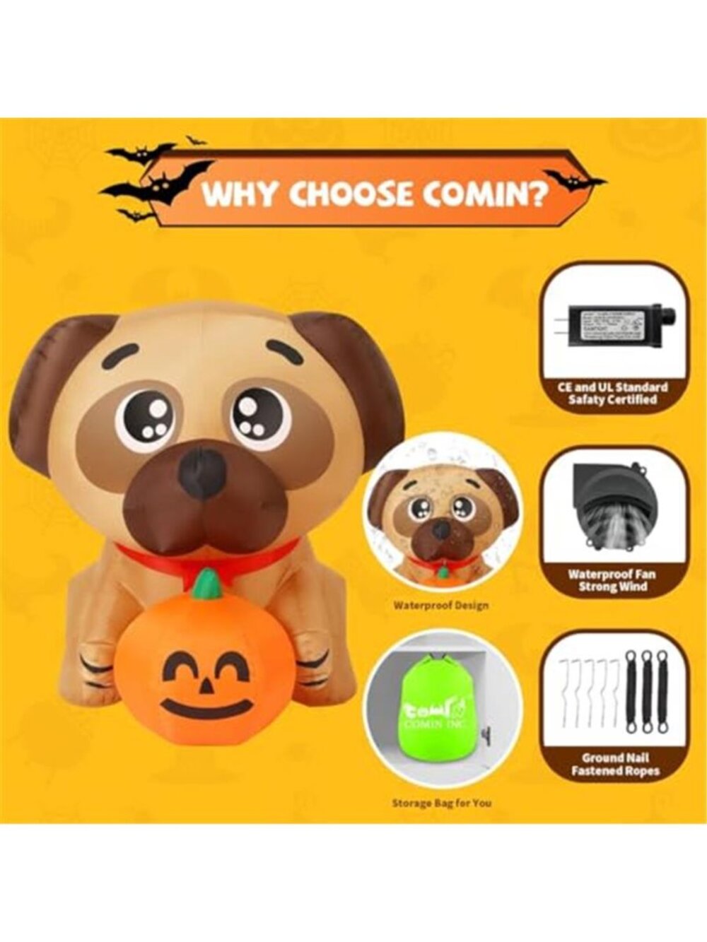 5 FT Long Halloween Inflatable Dog Blow Up Pug Holding Pumpkin with Built-in LED - Picture 6 of 6